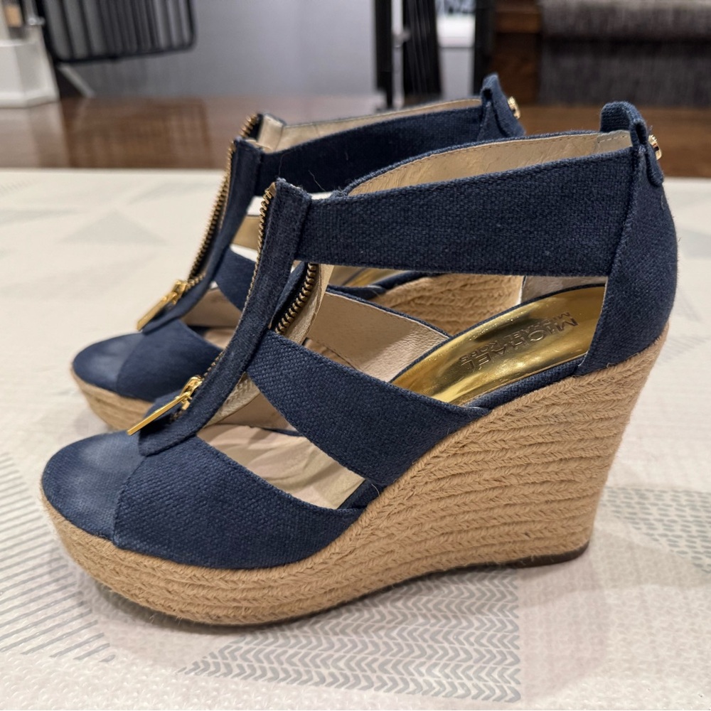 Michael Kors Navy Canvas Wedge Sandals